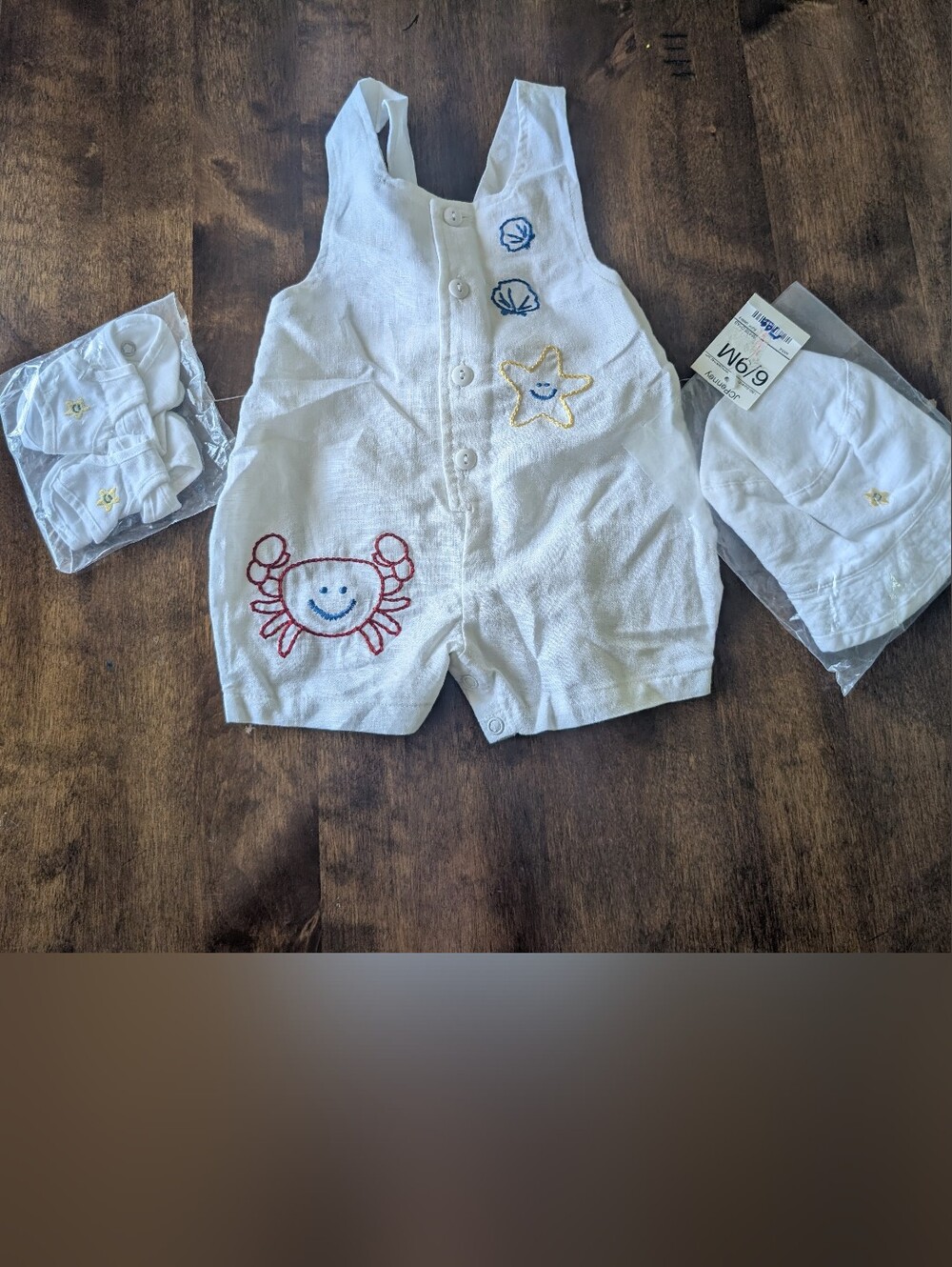Vintage White Embroidered Crab & Star Baby Romper 3 Piece Set/ Nwt/ 6-9 Months